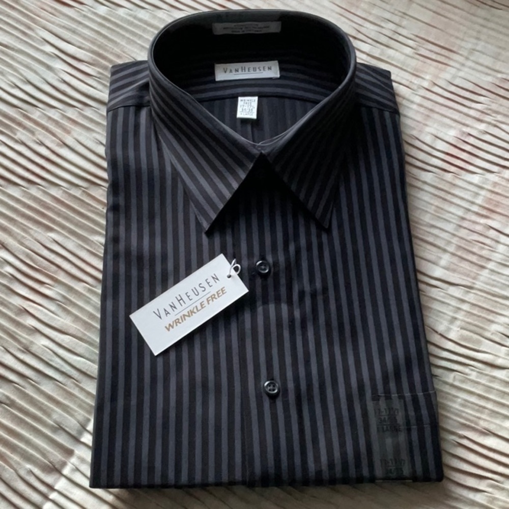 Van Heusen Black and Charcoal Stripe  Casual Button Down Shirt NWT
